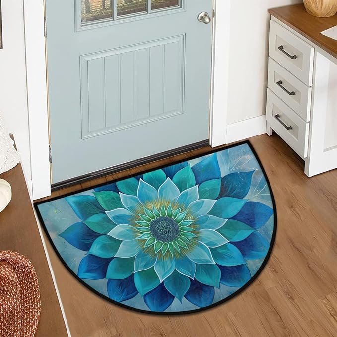 Teal Mandala Half Round Rug Half Moon Door Mat Half Circle Rugs | Floral Flower Washable Non-Slip Semi Circle Rug Welcome Half Round Door Mat Indoor Entrance Kitchen Bedroom Living Room Decor
