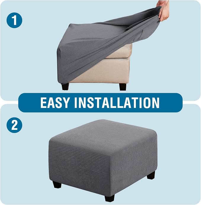 H.VERSAILTEX Square Ottoman Covers Ottoman Slipcovers Folding Storage Stool Furniture Protector Form Fit with Elastic Bottom, Stretch High Spandex Small Checks Jacquard Fabric(Medium,Grey)
