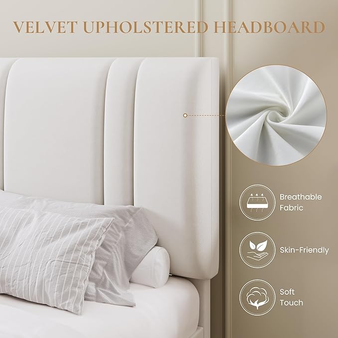 SHA CERLIN King Size Velvet Bed Frame with Adjustable Headboard, White | Vertical Channel Tufted Design, Upholstered Platform Bed, Wood Slats Support/No Box Spring Needed/Easy Assembly