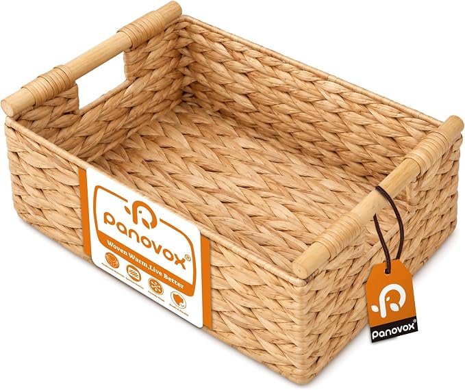 Wicker Basket, Large Basket for Gift Baskets Empty, 15.4x11x6.3in | Water Hyacinth Woven Basket for Organizing, Rectangular Basket with Wooden Handles for Shelves, Snacks, Toys, Books, Laundry