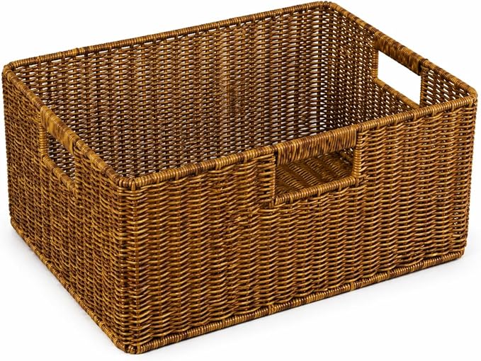 Waterproof Wicker Storage Basket with Handles, Large, Brown | 15 x 11 x 6.75 Inch Basket, Shelf Organizer, Rectangular Woven Bin, Towel and Blanket Storage, Home Decor