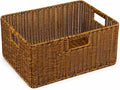 Waterproof Wicker Storage Basket with Handles, Large, Brown | 15 x 11 x 6.75 Inch Basket, Shelf Organizer, Rectangular Woven Bin, Towel and Blanket Storage, Home Decor