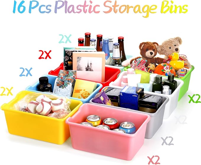 WUWEOT 16 Pack Cubby Bins Classroom Toys Bins, Plastic Books Storage Bins, Easy-to-Grip Stackable Crafts Organizer for Classroom, Nursery, Playrooms And Home Organization
