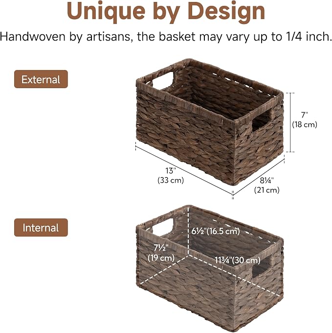 StorageWorks Storage Baskets for Organizing, Water Hyacinth Baskets for Shelves, Organizer Basket with Handles, Decorative Storage Basket for Closet, Pantry Organizers