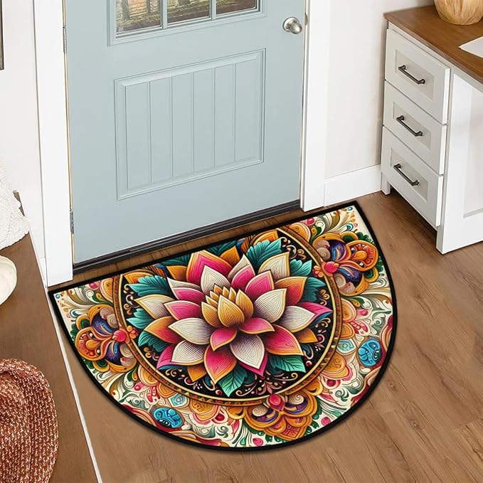 Ethnic Mandala Half Round Rug Half Moon Door Mat Half Circle Rugs | Ethnic Washable Non-Slip Semi Circle Rug Welcome Half Round Door Mat Indoor Entrance Kitchen Bedroom Living Room Decor