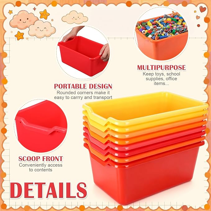 Dandat 32 Pcs Plastic Book Bins for Classroom Library Cubby Bins Scoop Front Stackable Toy Storage Tubs Containers for School Office Home Nursery Playroom Organization (Bright Color)
