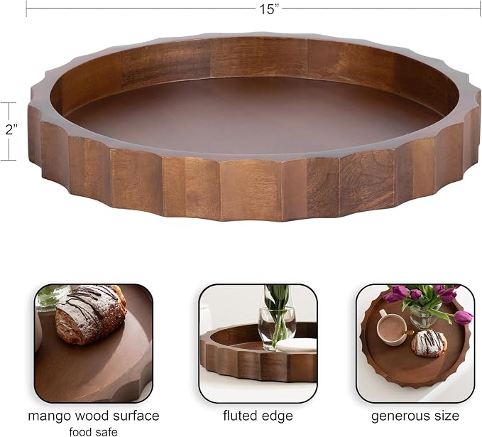 Kate and Laurel Lissi Decorative Round Tray with Wavy Design; 15 Inch Diameter; Walnut Brown; Mid-Century Modern Scalloped Circle Serving Tray for Coffee Table; Ottoman; or Entryway Decor