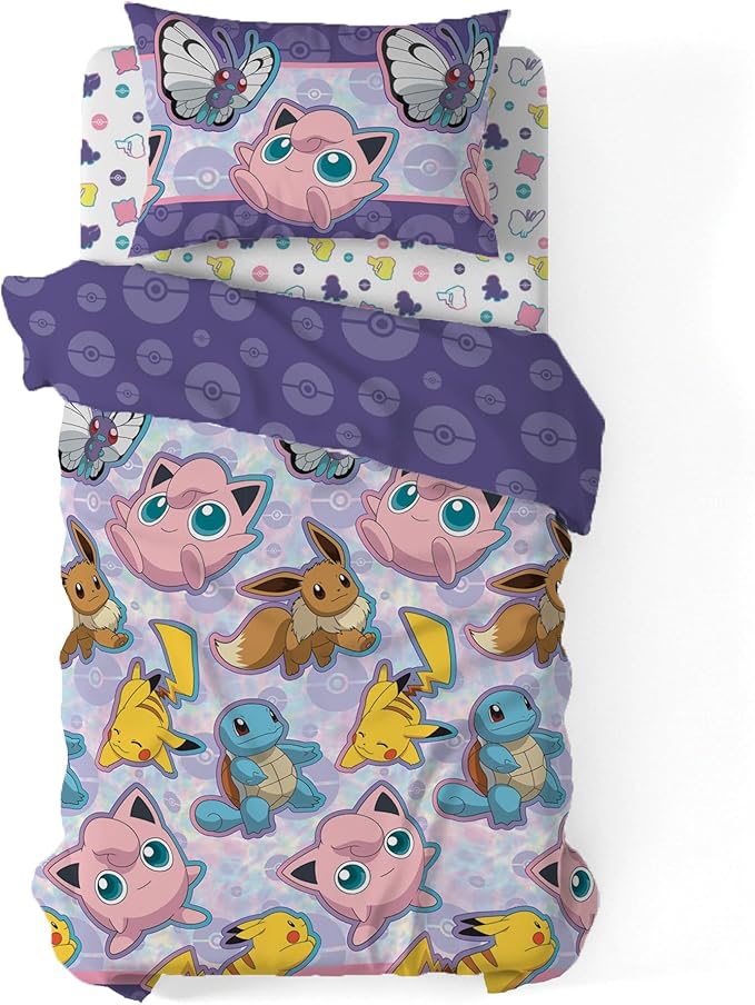 Northwest Pokemon Friendly Battle Twin Size Bed in a Bag Set, Pikachu Eevee Jigglypuff Squirtle, Kids Boys Girls Bedding Comforter Sheets