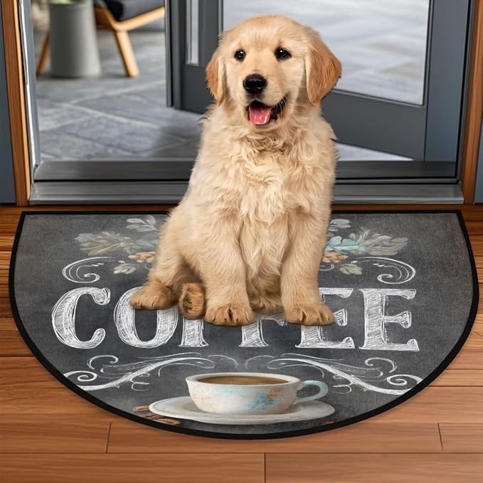 Pardick Half Round Door Mat Vintage Coffee Flower Anti-Slip Semi Circle Rug 24X36 Indoor Door Mat Half Moon Bath Mats, Washable Decorative Welcome Floor Mats for Kitchen Bathroom Hearth Fireplace,Q-4
