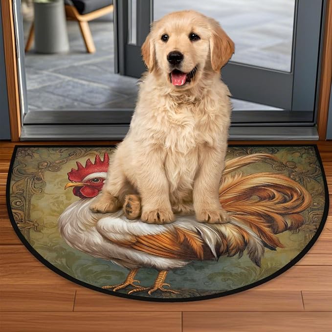 Rooster Flower Ethnic Half Round Door Mat Non-Slip Semi Circle Rug Washable Half Moon Floor Rug Absorbent Bathroom Area Rugs for Outdoor Indoor Fireplace Mat Entryway Kitchen Decor Rugs