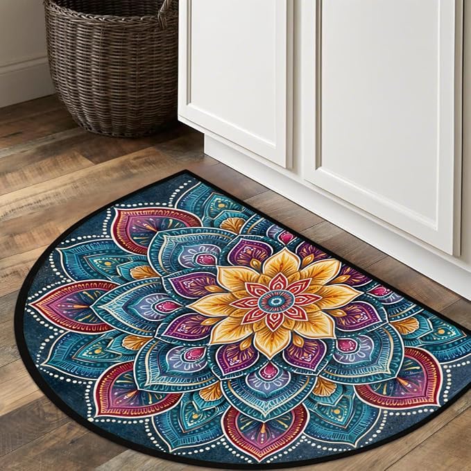 Mandala Half Round Door Mat Semi Circle Rug Half Moon Doormat | Soft Washable Bohemian Floral Welcome Entrance Mat for Outdoor Indoor Floor Bedroom Bathroom Home Kitchen Festival Decor