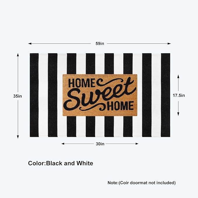 Collive Black and White Outdoor Rug 3'x 5', Hand Woven Washable Striped Outdoor Rug, Farmhouse Fall Front Porch Rug Decor, Welcome Layered Door Mats for Front Door Entryway Patio