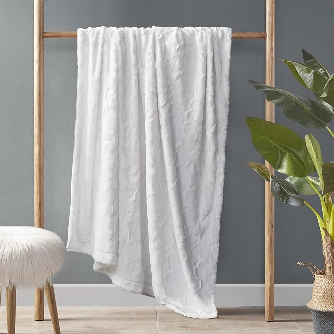 Madison Park Zuri Faux Fur Reversible Throw Blanket, 50 x 60 in, White | Oversized Soft Plush, Luxury, Animal Stripes, Mink Reverse, Modern, All Season, for Bed Sofa Couch, OEKO-TEX Certified
