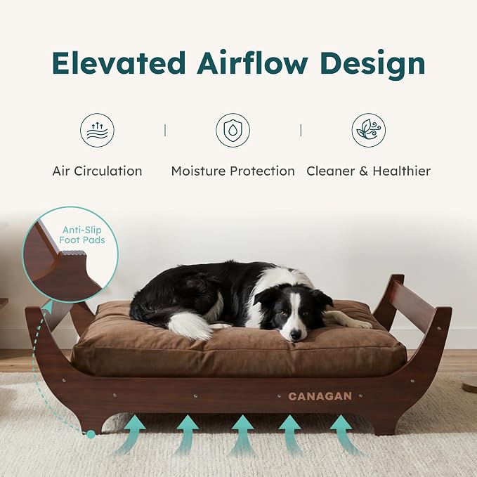 CANAGAN Elevated Wooden Dog Bed with Cushion, Walnut, Medium | Raised Dog Couch Bed with a Washable Cover and Plush PP-Filled Cushion, Designed for Medium Dogs and Stylish Indoor Living