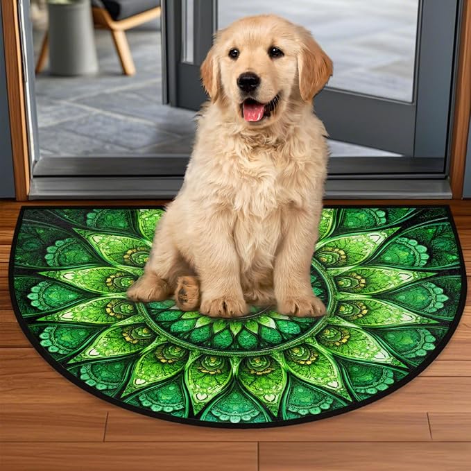 Mandala Half Round Rug Half Moon Door Mat Half Circle Rugs | Green Ethnic Washable Non-Slip Semi Circle Rug Welcome Half Round Door Mat Indoor Entrance Bedroom Living Room Decor B476