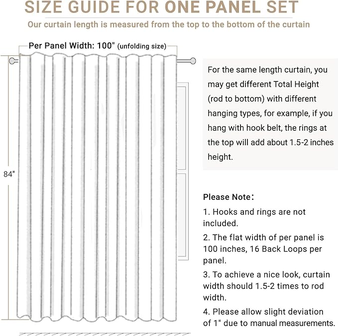 100% Blackout Shield Linen Blackout Curtains for Bedroom 84 Inches Long, Back Tab/Rod Pocket Living Room Drapes, Thermal Insulated Blackout Curtains 1 Panel Set, 100" W x 84" L, Beige
