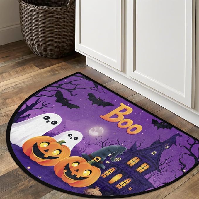 Halloween Half Round Door Mat Outdoor Doormat Bedroom Entrance Rug A1 | Halloween Pumpkin Ghosts Semi Moon Door Mat Non-Slip Absorbent Kitchen Rug Indoor Welcome Bath Mat 36" X 24"