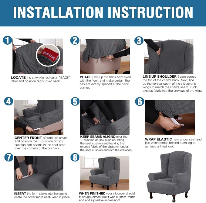 H.VERSAILTEX Wing Chair Slipcover Chair Covers for Wingback Chairs Wingback Chair Covers Slipcovers 1 Piece Stretch Sofa Cover Furniture Protector Spandex Jacquard Checked Pattern, Grey
