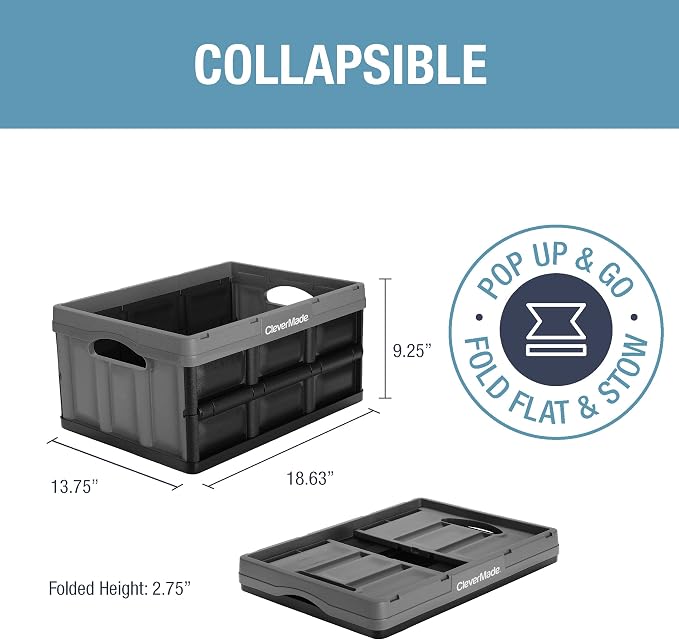 CleverMade Collapsible Storage Bins, 32L 3 Pack, Durable Plastic, Stone | Reinforced plastic handles groceries, tools, and sports gear. Interlocking bins stack open and nest compactly when folded.