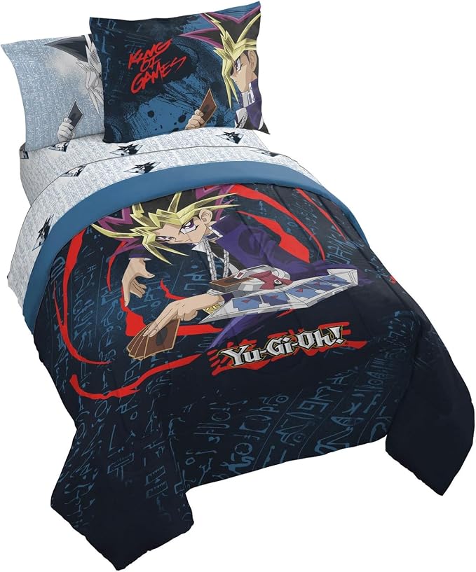 Jay Franco Yu-Gi-Oh Twin Comforter Set 5 Piece Soft Anime Bedding, Blue | Bed in a Bag, Comforter Sheets Sham Pillowcase, Official Product, Soft Microfiber, Machine Washable, Easy Care, Kids Gift
