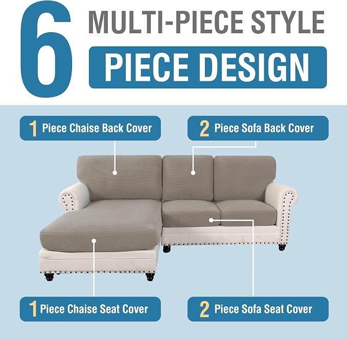 H.VERSAILTEX 2025 New Sectional Couch Covers 6 Pieces Stretch Sofa Covers for Sectional Sofa Set Separate L Shaped Couch Cover for Both Left/Right Couch (Seat and Back: 1 Chaise + 2 Sofa, Taupe)