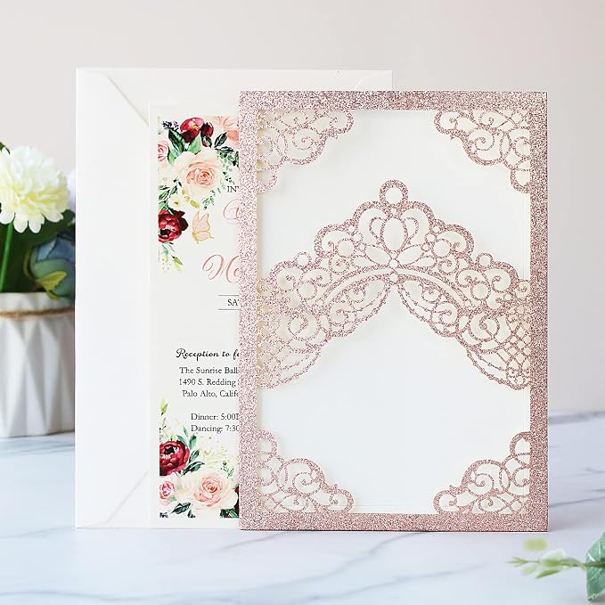 Hosmsua 50PCS Personalized Rose Gold Glitter Quinceanera Invitations Kit 5.1x7.3 Inch Laser Cut Floral Crown Quinceanera Invitation Cards with Envelopes for Birthday Quince Anos Invitation