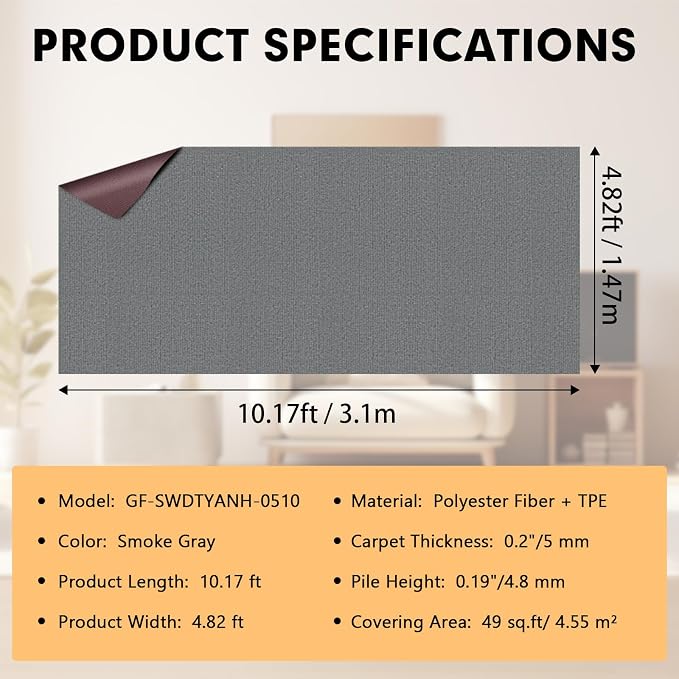 Grefinity Marine Carpet,5 FT x 10 FT Smoke Gray Indoor Outdoor Carpet 0.2" Thick Boat Rug with Water-Proof TPE Backing for Home, Patio, Porch, Deck