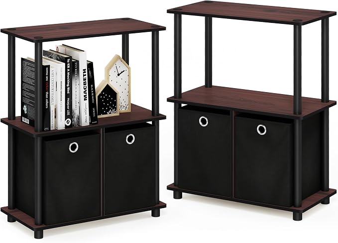 Furinno TURN-N-TUBE Storage Shelves Set of 2, 3-Tier Toolless Book Shelf with Storage Bins, Display Shelf, for Organization and Storage, Living Room, Garage, Home Office, Dark Cherry