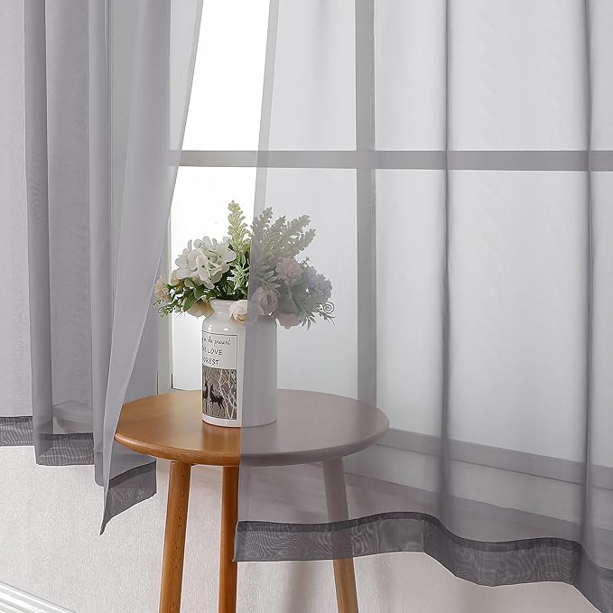 Lecloud Grey Sheer Curtains 63 Inch Long 2 Panels, Elegant Voile Drapes - Image 3