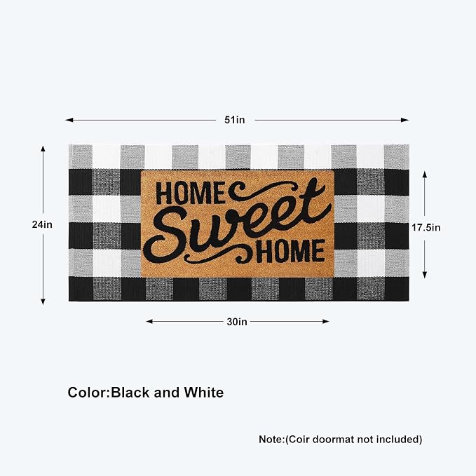 KIMODE Buffalo Plaid Outdoor Rug Runner Doormat 24'' x 51", Black/White Cotton Woven Checkered Fall Farmhouse Porch Rugs, Washable Indoor Door Mat for Front Layered Kitchen Bathroom Laundry Room