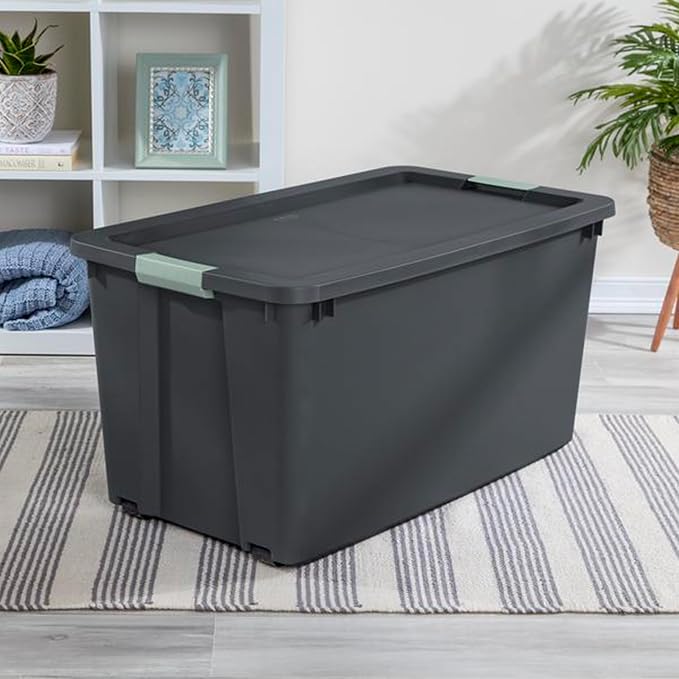 Sterilite 8-Pack Latch Tote, Stackable Plastic Storage Bin Containers, 45 Gal, Gray/Green - Large Organizer Boxes with Lids and Wheels for Closet, Bedroom, Tool, and Laundry Organization