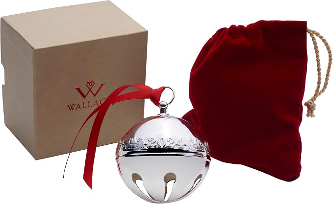 Wallace 2024 Annual Silver-Plated Sleigh Bell Ornament 54th Edition - Snowmen and Log Cabins Design - Handcrafted Collectible with Gift Box, Ribbon, and Velvet Pouch
