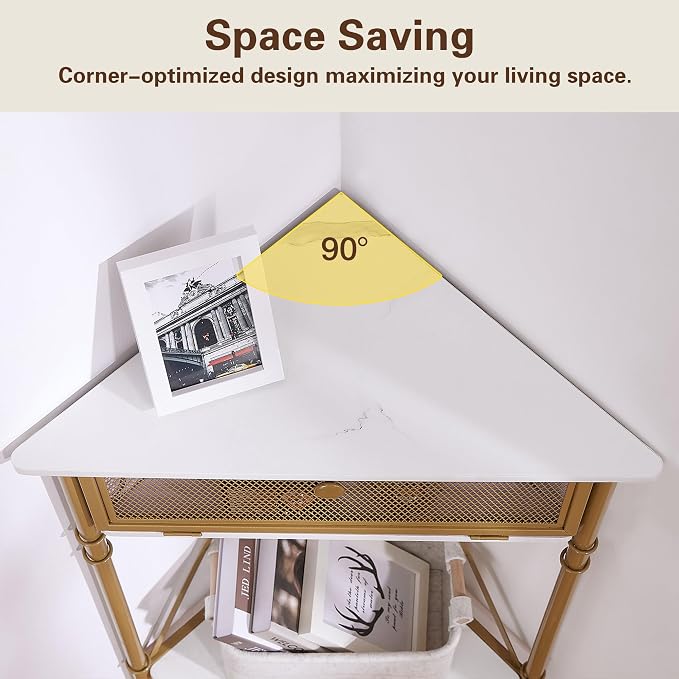VECELO Corner Cabinet/Table, 3-Tier Display Shelves with Protection Door, Metal Frame Storage Shelf Organizer for Small Space, Living Room, Kitchen, Bathroom