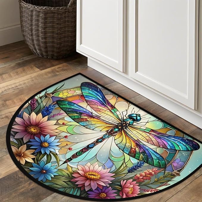 Pardick Half Round Doormat Glass Dragonfly Flower Semi Circle Rug Non Slip Indoor Outdoor Entrance Half Moon Rug Washable Front Floor Mat for Kitchen Bathroom Patio Fireplace Holiday Decor
