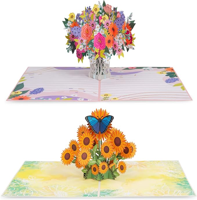 Paper Love Pop Up Cards 2 Pack - Includes 1 Floral Arrangement and 1 Sunflowers, For All Occasions, Mother Day, Birthday, Just Because- Includes Envelope and Note Tag