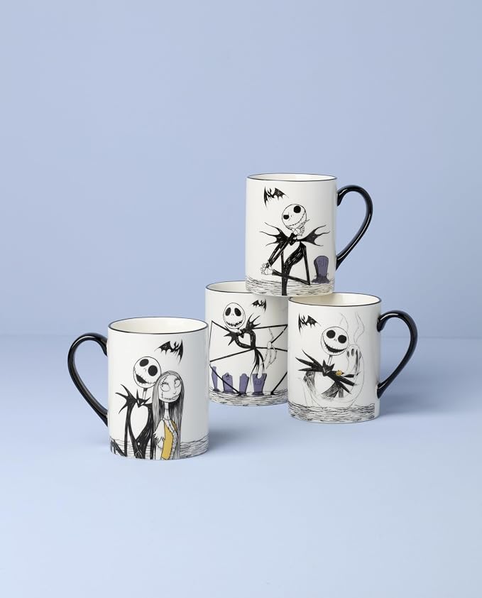 Lenox Nightmare Before Christmas Porcelain Halloween Mug Set for 4 | dishwasher safe, microwave safe | gift for nightmare before christmas fans | 4.5 inch, 16oz, coffee mug