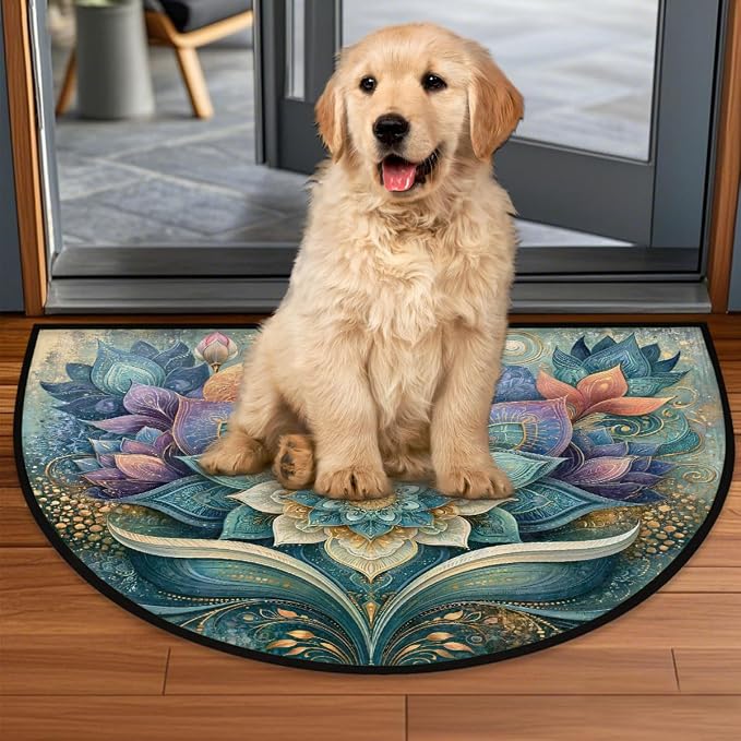 Flower Half Round Door Mat Semi Circle Rug Half Moon Doormat | Soft Washable Teal Elegant Welcome Entrance Mat for Outdoor Indoor Floor Bedroom Bathroom Home Kitchen Festival Decor