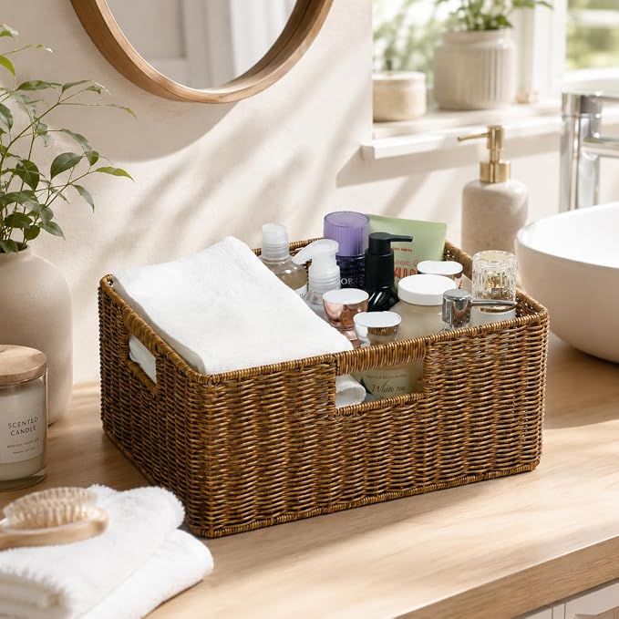 Waterproof Wicker Storage Basket with Handles, Extra Large, Brown | 16.5 x 13 x 7.5 Inch Basket, Shelf Organizer, Rectangular Woven Bin, Towel and Blanket Storage, Home Decor