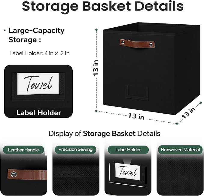 FinishingBo 13 inch Storage Bins with Labels 6 Pack | PU Leather Handles, Foldable Storage Cubes, Storage Baskets, Closet Storage, Black