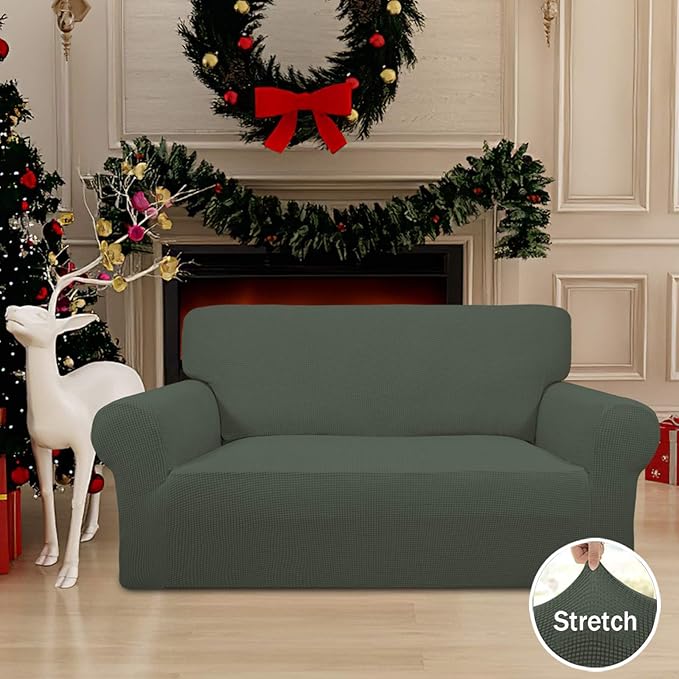 Easy-Going Stretch Loveseat Slipcover 1-Piece Sofa Cover Furniture Protector Couch Soft with Elastic Bottom for Kids Polyester Spandex Jacquard Fabric Small Checks (Loveseat, Olive Green)