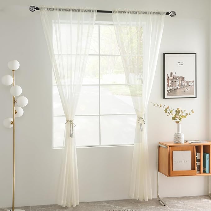 youleyar Solid Sheer Rod Pocket Curtain Voile Draperies 2 Panels White Beige Black Grey Coffee 70 Inch Width 96 Inch Long 1 Pair for Kitchen Bedroom Children Living Room Yard(Ivory,70Wｘ96L)