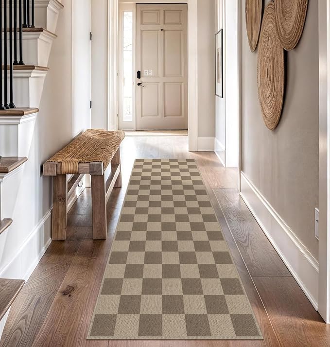 Rugalia Easy Jute Checkered Runner Rug, 2.6x8 Brown Modern Washable Rugs Runner for Hallway Non-Slip Kitchen Runner Rug, Geometric Checkerboard Indoor Outdoor Carpet for Porch Laundry Entryway