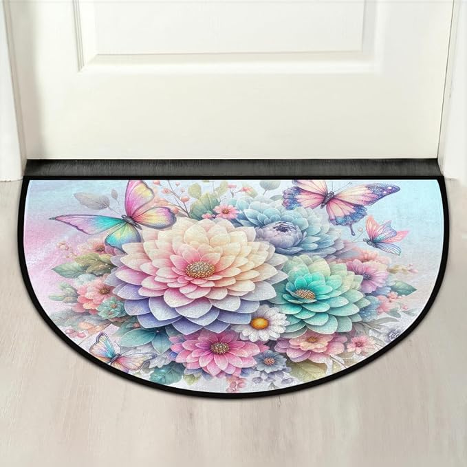 Butterfly Half Round Door Mat Non Slip Half Circle Rugs | Flower Animal Washable Half Moon Rug Semi Circle Rugs Indoor Entrance Floor Carpet for Kithen Bedroom Fireplace Decor
