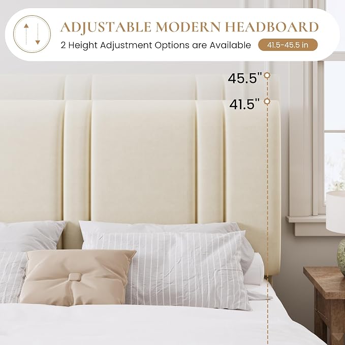 SHA CERLIN Full Size Velvet Bed Frame with Adjustable Headboard, Cream | Vertical Channel Tufted Design, Upholstered Platform Bed, Wood Slats Support/No Box Spring Needed/Easy Assembly