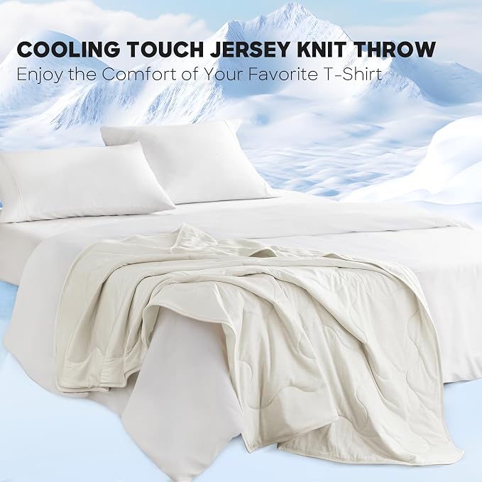 Sharper Image Cooling Touch Down Alternative Throw Blanket, 50 x 60, Ivory | Jersey Knit, All Season, Ultra Soft, Microfiber, Cozy Warmth for Sofa or Bed, Quilted, Lightweight, OEKO-TEX Certified