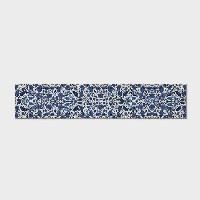 EVERGRACE Hallyway Area Runner Rugs 2x10, Boho Floral Faux Wool Indoor Outdoor Rugs, Washable Rugs for Bedroom Dining Room Living Room Kitchen, Low Pile Floor Mat Carpet for Home Decor, Celtic Blue
