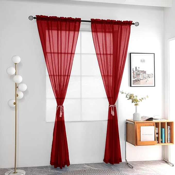 youleyar Solid Sheer Rod Pocket Curtain Voile Draperies 2 Panels White Beige Black Grey Ivory 52 Inch Width 96 Inch Long 1 Pair for Kitchen Bedroom Children Living Room Yard (Christmas Red,52Wｘ96L)
