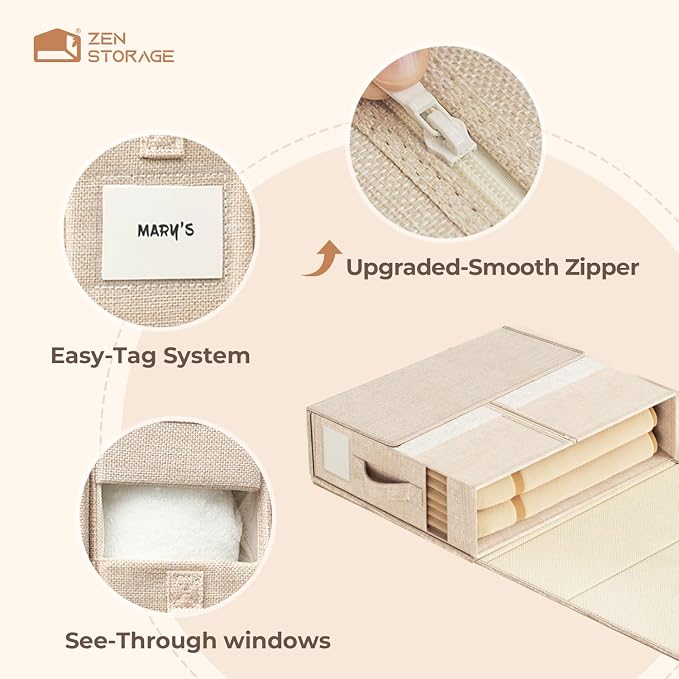 Sheet Organizers and Storage for Linen Closet, 12Pack Beige | 1200D Linen-Type Cloth, Fits King and Queen Sheet Sets, Clear Window and Label Slot, Foldable Dustproof Storage with Handle