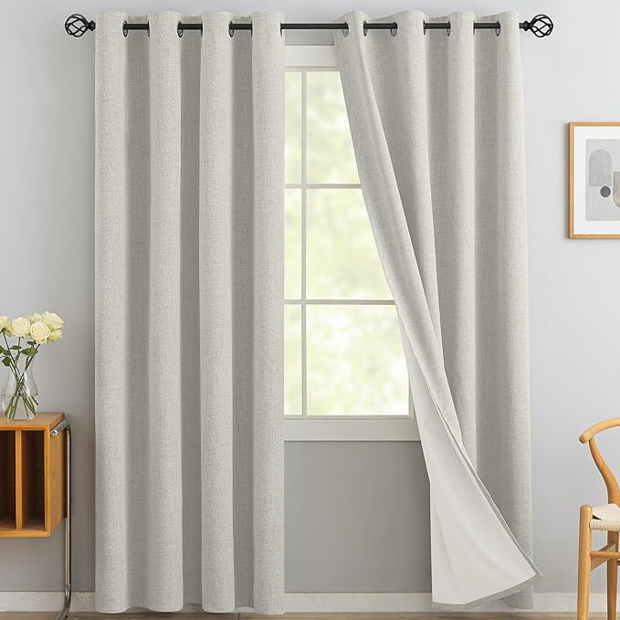 Yakamok Cream Linen Curtains 100% Blackout 84 Inches Long,Room Darkening Textured Drapes for Living Room Thermal Grommet Bedroom Curtains 2 Panels with Greyish White Liner