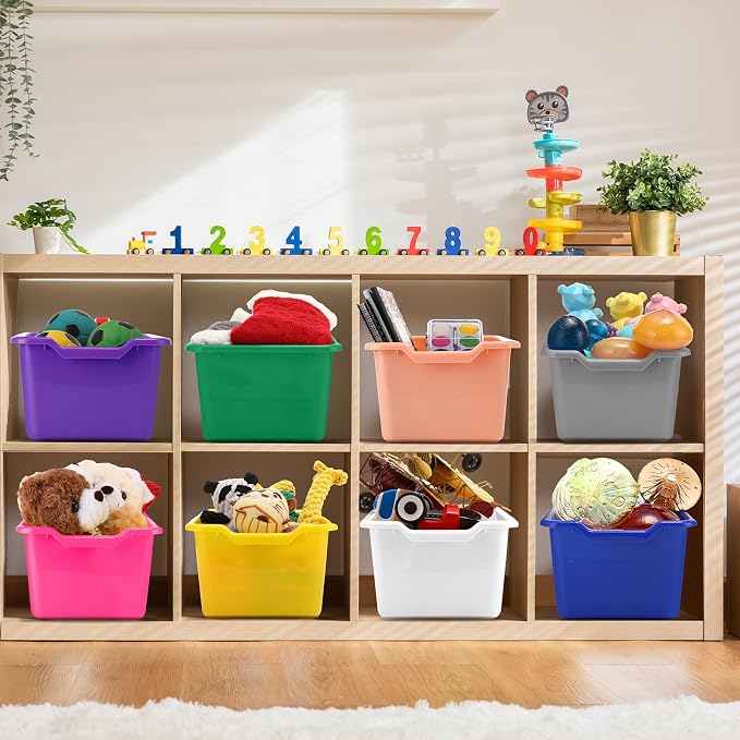 Dandat 24 Pcs Plastic Book Bins for Classroom Library Colorful Scoop Front Cubby Bins Stackable Toy Storage Containers with Handles for School Home Office Nursery Daycare (Bright Color)